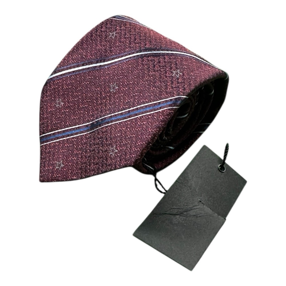 John Varvatos Men Silk Tie Red Blue Silver Star Stripe 3 Inch Made in Italy NWT